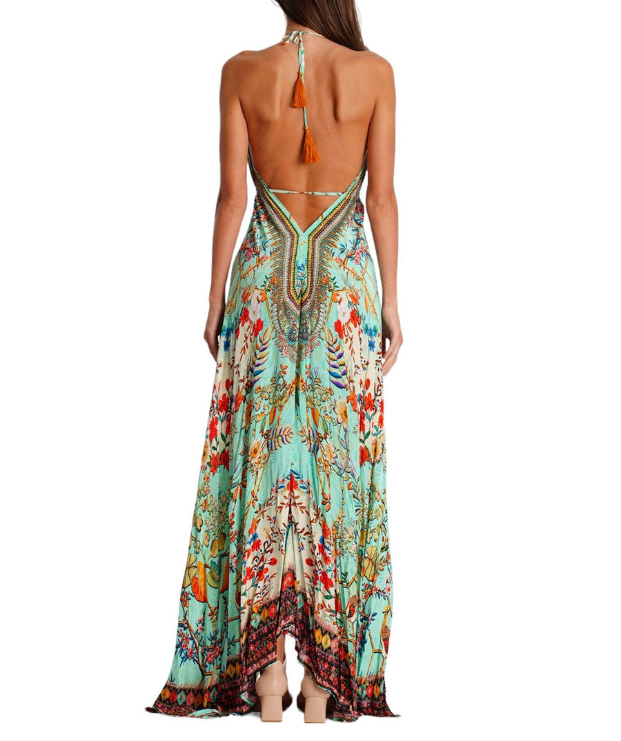 LA MODA Tropical Diva Maxi Halter High Low Dress 25039 MXD – A stunning maxi dress with a halter neckline, high-low hem, and a bold tropical print, perfect for resort wear and elegant summer styling